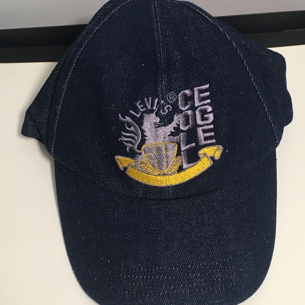 Levi Strauss & Co jean snapback hat navy yellow college badge patch accessory